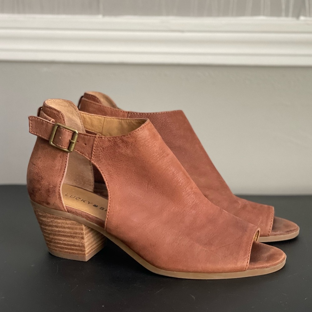 Lucky Brand Booties Brown Leather Barimo Open Toe Sandal Low Heel Size 8 - Picture 4 of 9